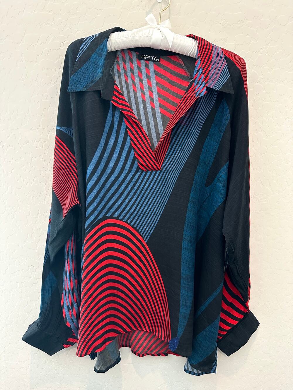 APNY Abstract Stripe Tunic Blouse Cupro Blend Red Blue Black Collared NWT | XXL